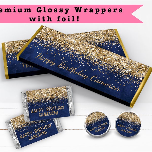 Navy Blue Gold Glitters  Fancy Elegant Metallic Sparkle Luxury - PRINTED CANDY WRAPPERS Chocolate Kiss Stickers -