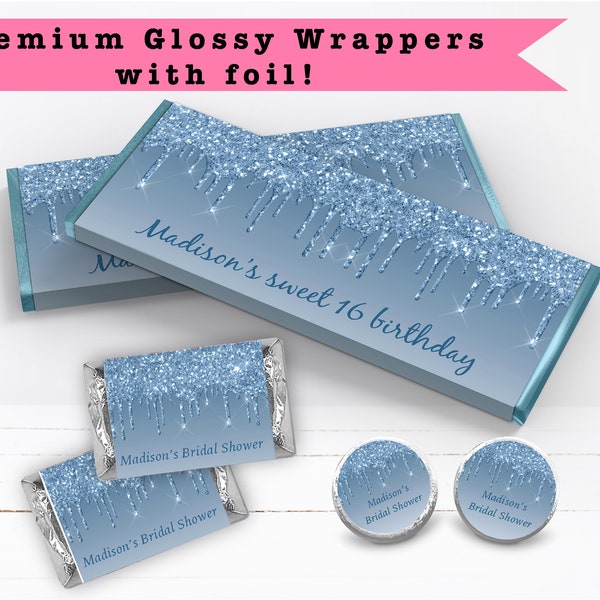 Pastel Light Blue Dripping Glitter Metallic Sparkle Luxury Any Age or Occasion - PRINTED CANDY BAR Wrappers Chocolate Kiss Stickers -