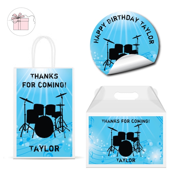 Drum Drummer Drum Set Music Notes Musical Instruments Class Teacher Rock  -  PRINTED GLOSSY LABELS - For Party Favor Gift Bag Box