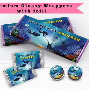 Scuba Diving Snorkeling Underwater Marine Landscape Sea Life Ocean Diver  PRINTED CANDY BAR Wrappers Chocolate Bar Kiss Stickers Labels