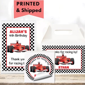 Red Race Car Checkered Flag Two Fast Racing  - PRINTED GLOSSY LABELS - For Party Favor Bags, Gable Boxes, Gift Bags, Round Square Stickers -