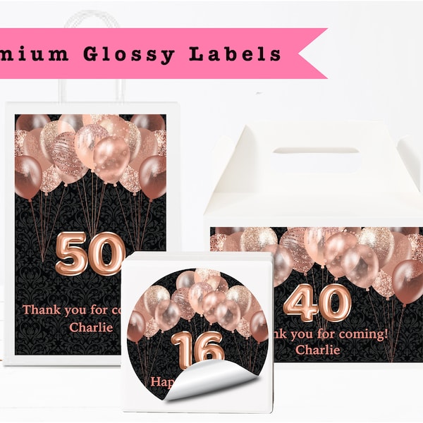 Rose Gold Glitter Balloons Black  |  Any Age or Occasion - PRINTED GLOSSY LABELS - Party Favor Gift Bags, Gable Boxes, Round Square Stickers