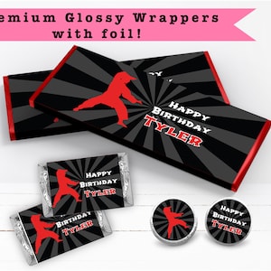 Karate Martial Arts Silhouette Judo Birthday Red Black  - PRINTED CANDY BAR Wrappers Chocolate Kiss Stickers -