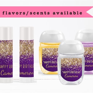 Purple Gold Confetti Glitter Luxury Sparkle Elegant Fancy Any Age Occasion - Lip Balms Chap Stick or Hand Wash - Best Party Favor Idea