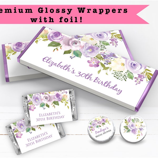 Pretty Pale Purple Floral Flower Peonies Watercolor • Any Age Occasion - PRINTED CANDY BAR Wrapper Labels Chocolate Kiss Stickers