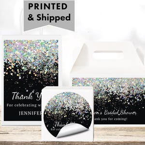 Black Holographic Silver White Glitter Sparkle Luxury - PRINTED GLOSSY LABELS For Party Favor Gift Bag Gable Box Round Square Sticker HO11