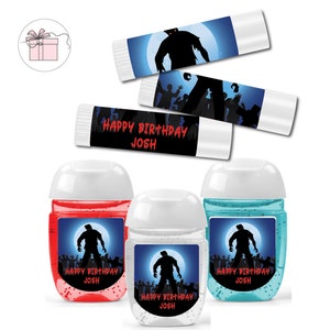 May include: Three small hand sanitizers with labels featuring a zombie silhouette and the text "Happy Birthday Josh". Two lip balm tubes with similar zombie designs and the text "Happy Birthday Josh".