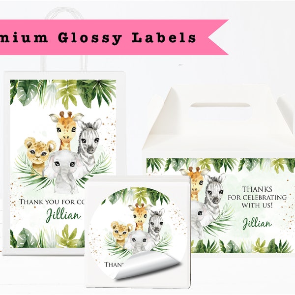 Jungle Safari Animals Greenery Gender Neutral Boy Baby Shower Birthday - PRINTED GLOSSY LABELS - For Party Favor Bag Box Round Gift Sticker