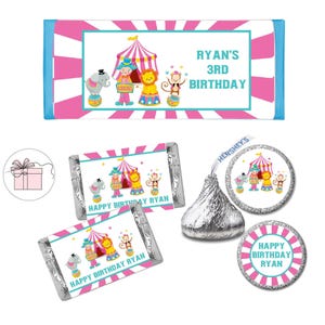 Circus Carnival Festival Show Big Top Animals Elephant Monkey Clown Pink  - PRINTED Candy Bar Wrappers Chocolate Labels Kiss Stickers