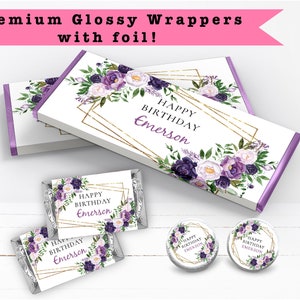 Purple Lilac Floral Flowers Gold Geometric Frame Elegant Watercolor PRINTED CANDY BAR Wrappers Chocolate Bar Kiss Stickers Labels