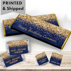 Navy Blue Gold Glitters  Fancy Elegant Metallic Sparkle Luxury - PRINTED CANDY WRAPPERS Chocolate Kiss Stickers -