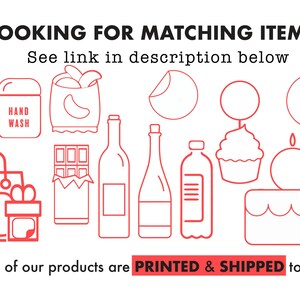 a red and white poster with a bunch of items on it