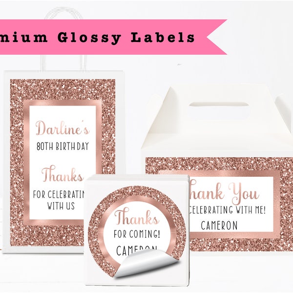 Rose Gold Metallic Sparkle Glitter Luxury – Any Age Occasion PRINTED GLOSSY LABELS Party Favor Gift Bags, Gable Boxes, Round Square Stickers