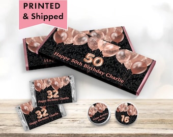 Rose Gold Black Glam Glitter Foil Balloon Number Luxury Elegant Damask  PRINTED  Hershey Wrapper Miniature Candy Kiss Stickers BA21