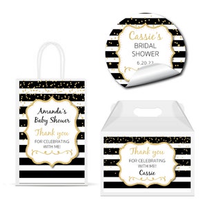 Black White Stripes Silver Glitter Luxury For Any Age Or Occasion PRINTED GLOSSY LABELS Party Favor Gift Bag Gable Box Round Square Stickers