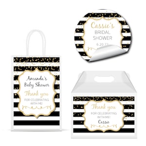 Black White Stripes Silver Glitter Luxury For Any Age Or Occasion PRINTED GLOSSY LABELS Party Favor Gift Bag Gable Box Round Square Stickers