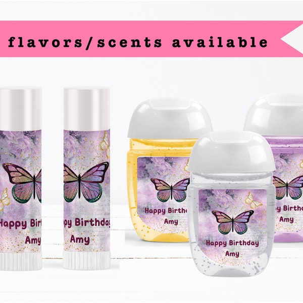 Butterfly Purple Gold Glitter Floral Flower Whimsical  - Lip Balms Chap Stick or Hand Wash - Best Party Favor Idea