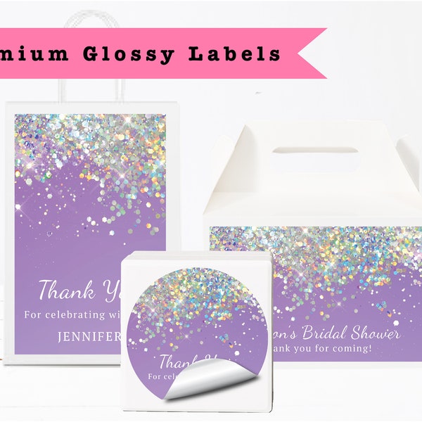 Purple Holographic Silver White Glitter Sparkle Luxury - PRINTED GLOSSY LABELS For Party Favor Gift Bag Gable Box Round Square Sticker