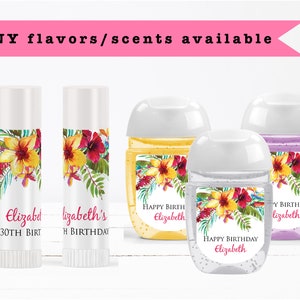 Summer Tropical Flowers Floral Hibiscus Luau Aloha Watercolor • Any Age Occasion - Lip Balms Chap Stick or Hand Wash - Best Party Favor Idea