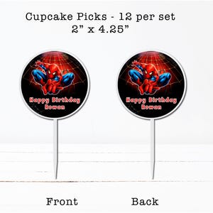 two Spiderman-themed cupcake pick designs, each with a "Happy Birthday" message and a Spiderman illustration. The cupcake pick on the left is labeled "Front" and the one on the right is labeled "Back".