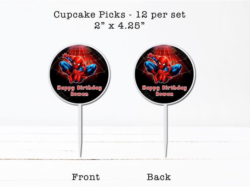two Spiderman-themed cupcake pick designs, each with a "Happy Birthday" message and a Spiderman illustration. The cupcake pick on the left is labeled "Front" and the one on the right is labeled "Back".