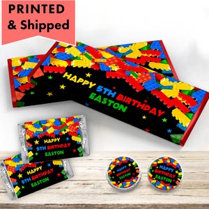 Colorful Brick Building Blocks Birthday Construction Blocks Party  Hershey chocolate bar wrappers, mini candy labels kiss stickers BU09