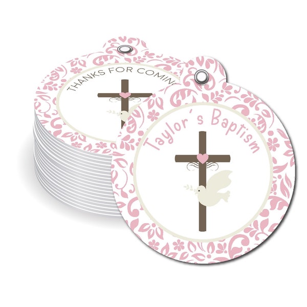 Cross & Dove Pink Damask Baptism First Communion - PRINTED GIFT TAGS - Thank You Card For Party Favor Bags or Gable Boxes