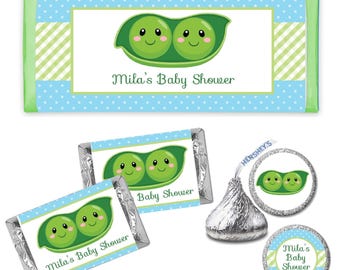 Peas in a Pod Twin Boys  Two Boys Cute - PRINTED CANDY BAR Wrappers Labels Chocolate Kiss Stickers -