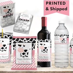 Little Cow Baby Girl Pink Gingham Cow Print Pattern Chip bag, Water Bottle, Juice Pouch Tic Tac Wine Champagne Labels CO02
