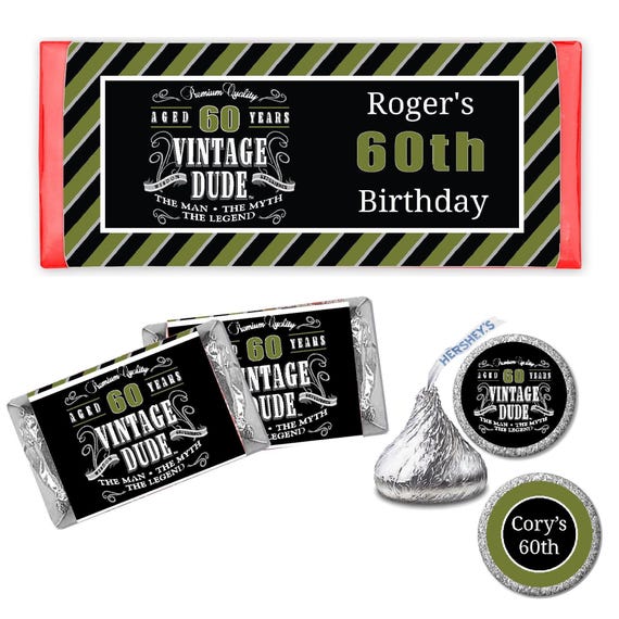 Vintage Dude The Man Myth Legend Men's 60th or Any Age - PRINTED CANDY WRAPPERS Chocolate Kiss Stickers -
