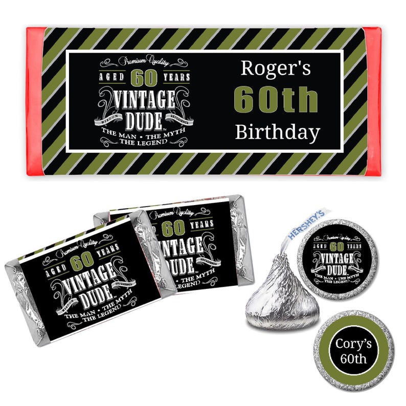 Vintage Dude The Man Myth Legend Men's 60th or Any Age - PRINTED CANDY WRAPPERS Chocolate Kiss Stickers - image 1