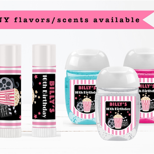 Movie Theatre | Cinema Film Popcorn | Movie Night Pink For Girls - Lip Balms Chap Stick or Hand Wash - Best Party Favor Idea