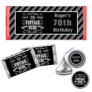 Vintage Dude The Man Myth Legend Men's 70th or Any Age - PRINTED CANDY WRAPPERS Chocolate Kiss Stickers - afbeelding 1