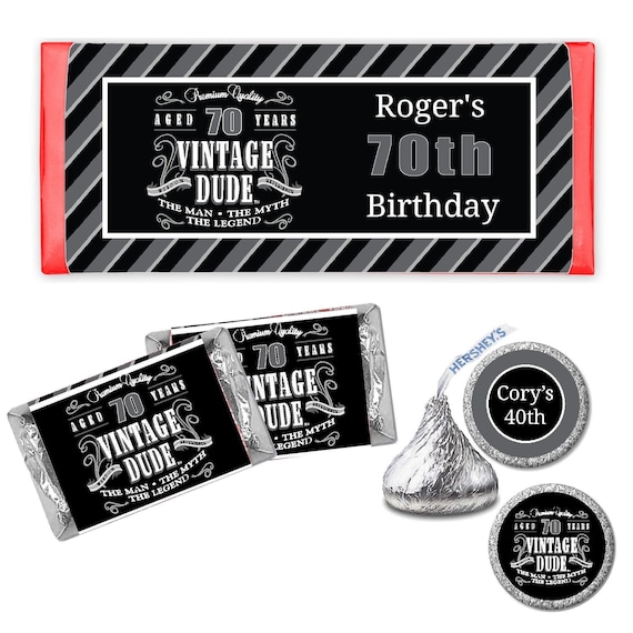 Vintage Dude The Man Myth Legend Men's 70th or Any Age - PRINTED CANDY WRAPPERS Chocolate Kiss Stickers -