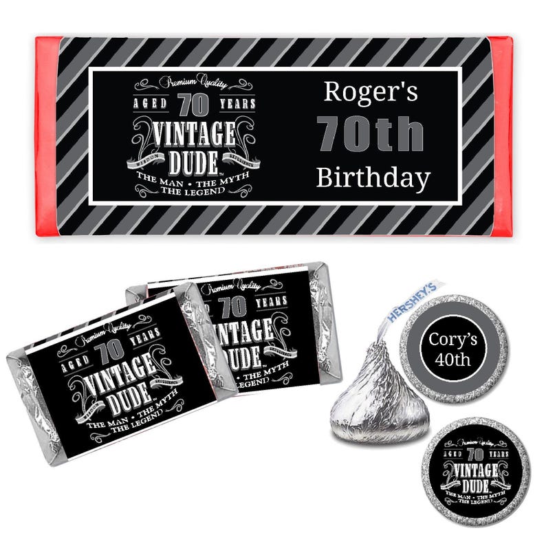 Vintage Dude The Man Myth Legend Men's 70th or Any Age - PRINTED CANDY WRAPPERS Chocolate Kiss Stickers - afbeelding 1