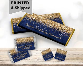 Navy Blue Gold Glitters  Fancy Elegant Metallic Sparkle Luxury - PRINTED CANDY WRAPPERS Chocolate Kiss Stickers -