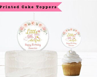 Hermosa vela personalizada con flores de oro rosa y flores de la pequeña señorita One-derful, decoración para tartas, palillos para cupcakes