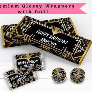 Elegant Gatsby Art Deco Roaring 20s Black Gold Geometric  PRINTED CANDY BAR Wrappers Chocolate Bar Kiss Stickers Labels