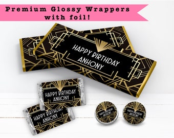 Elegant Gatsby Art Deco Roaring 20s Black Gold Geometric  PRINTED CANDY BAR Wrappers Chocolate Bar Kiss Stickers Labels