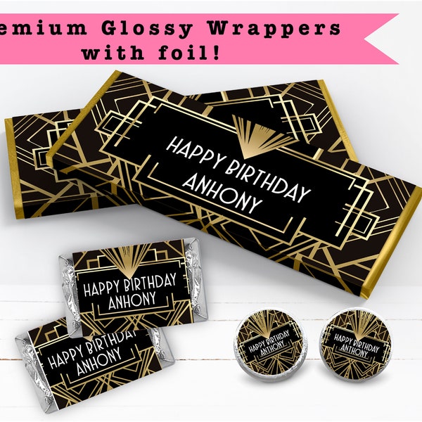 Elegant Gatsby Art Deco Roaring 20s Black Gold Geometric  PRINTED CANDY BAR Wrappers Chocolate Bar Kiss Stickers Labels