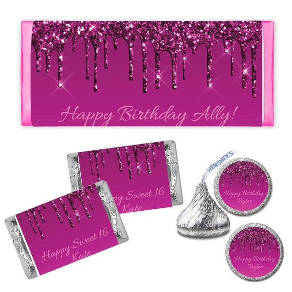 Hot Pink Dripping Glitter Metallic Sparkle Luxury Any Age or Occasion - PRINTED CANDY BAR Wrappers Chocolate Kiss Stickers -
