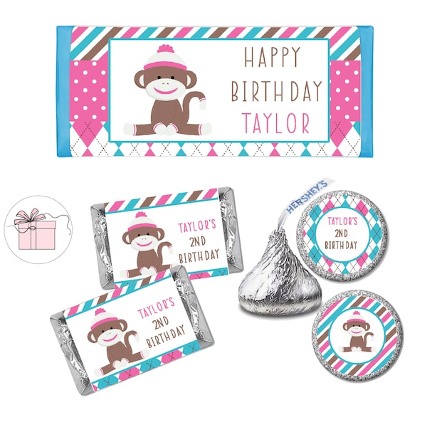 Cute Sock Monkey Girl Pink Blue Argyle  - PRINTED Candy Bar Wrappers Chocolate Labels Kiss Stickers