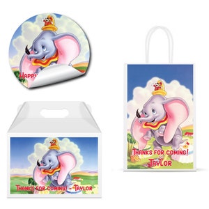 Dumbo Elephant - PRINTED GLOSSY LABELS - For Party Favor Bags, Gable Boxes, Gift Bags, Round Square Stickers