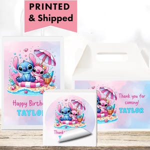 a pink and blue birthday card and a pink and white box with a picture of