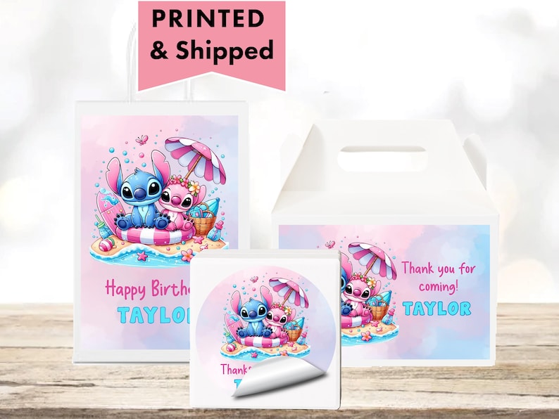 a pink and blue birthday card and a pink and white box with a picture of