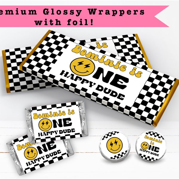 One Happy Dude 1st Birthday  Smiley Face Retro Checkers  PRINTED CANDY BAR Wrappers Chocolate Bar Kiss Stickers Labels