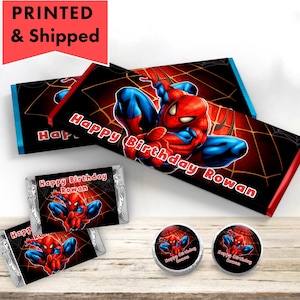Spider Superhero Swinging from Buiding Cool Spider Web Spider Man Hershey chocolate bar wrappers, mini candy labels kiss stickers