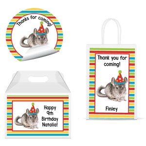 Chinchilla In Party Hat Bright Colorful Happy  Birthday - PRINTED GLOSSY LABELS For Party Favor Gift Bag Gable Box Round Square Stickers
