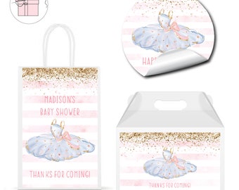Tutu Cute Pink and Gold Ballerina Watercolor Glitter Ballet  -  PRINTED GLOSSY LABELS - For Party Favor Gift Bag Box