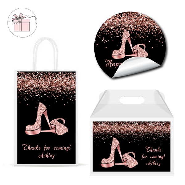 High Heels Stepping Into Elegant Rose Gold Glitter Woman Shoe PRINTED GLOSSY LABELS For Party Favor Gift Bag Gable Box Round Square Sticker